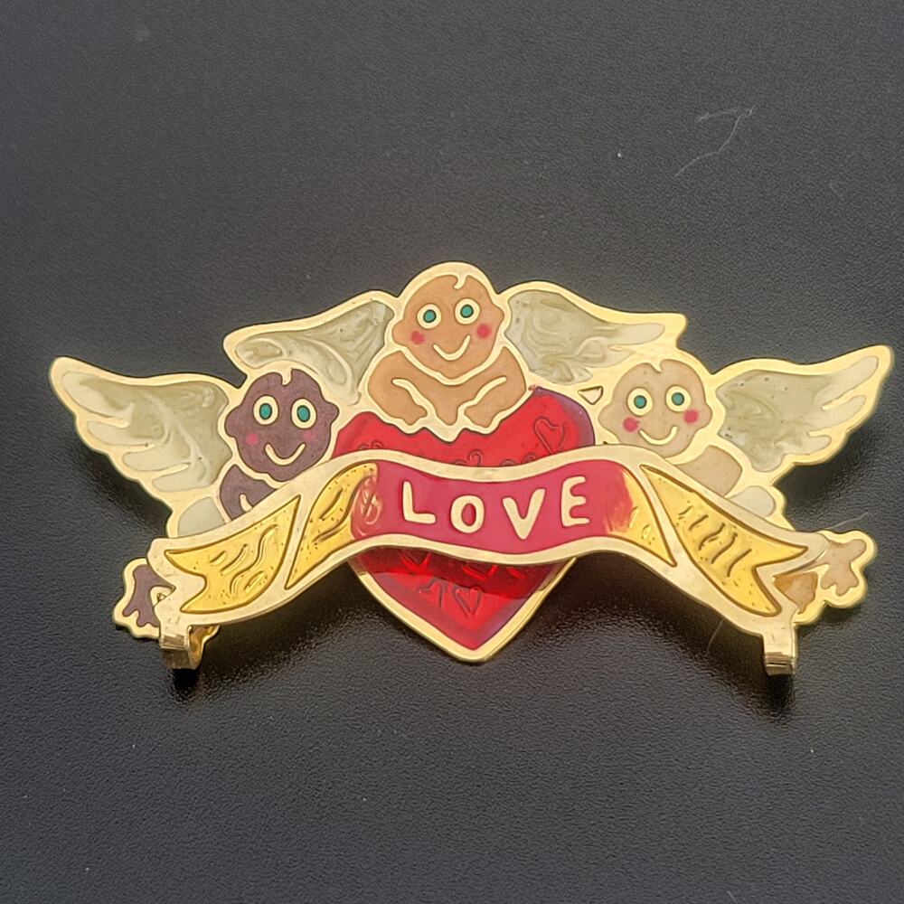 Gold Tone Enamel Angel Heart Pin LOVE Banner 2.5in Valentines Day